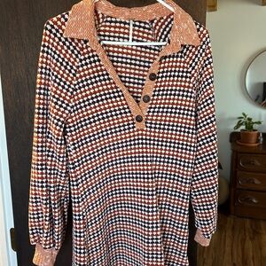 Anthropologie Collared Long-Sleeve Knit Dress in Rust, Navy & Cream